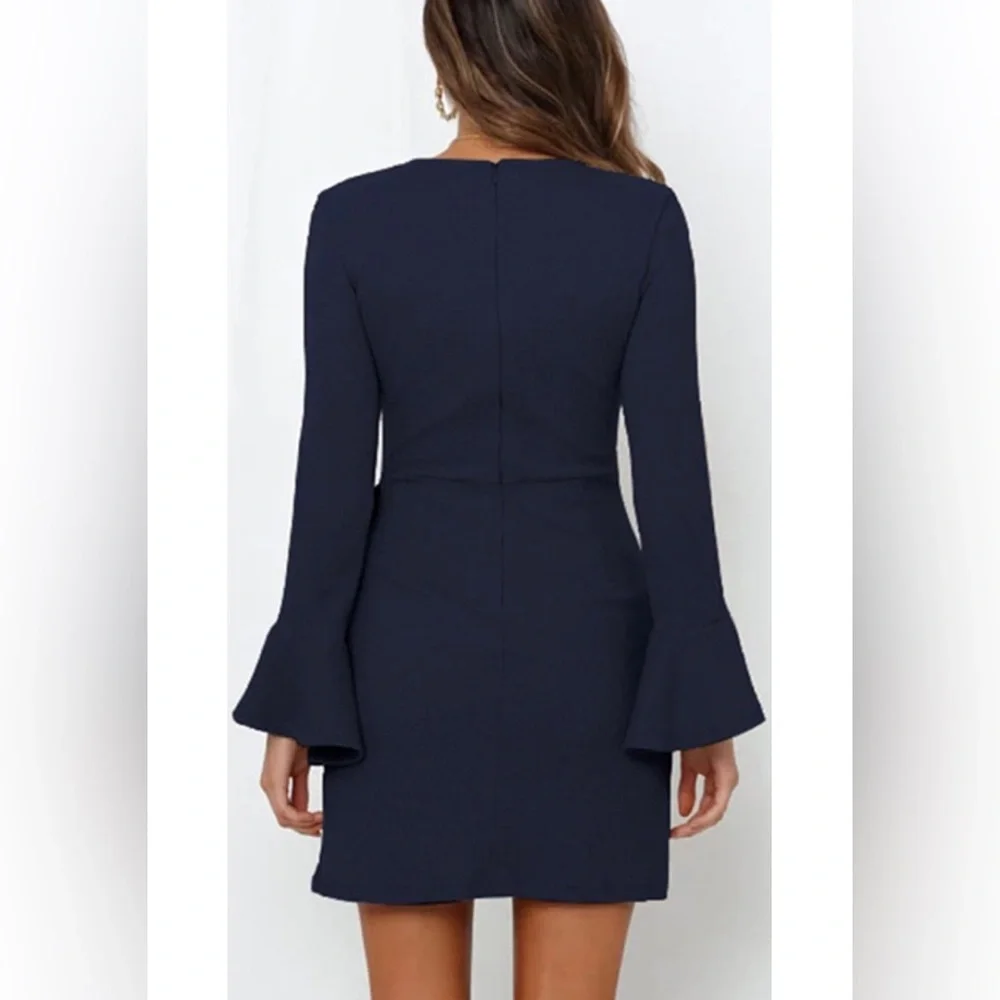 NWT Tie Waist Bodycon Long Bell Sleeve Mini Dress Size Large - Picture 3 of 7